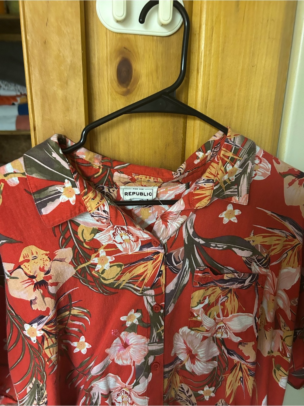 For The Republic Red Hawaiian Button-Up Top